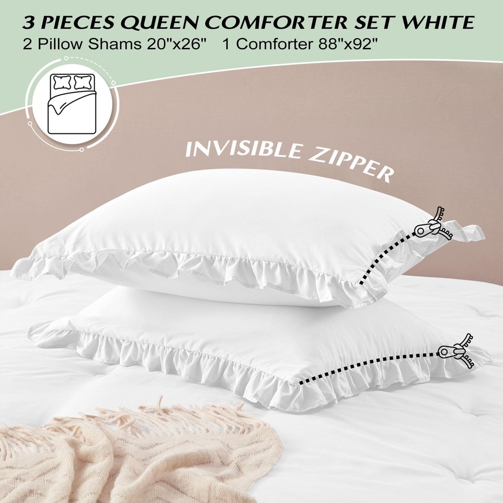 HARBOREST Queen Comforter Set White - Ruffle for Queen,