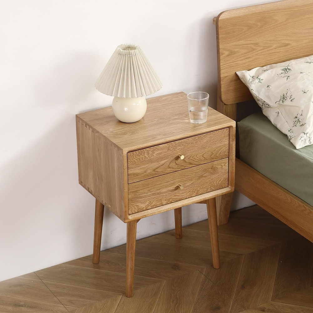 Mid Century Modern Nightstands, Oak Bedside Table Solid Wood End Table with D...