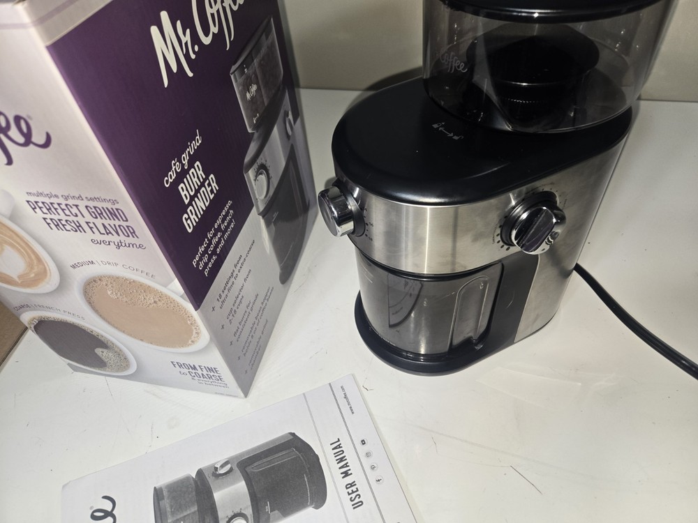 Mr. Coffee Automatic Silver Burr Mill Grinder 18 Custom Grinds /Silver 2-18 cups
