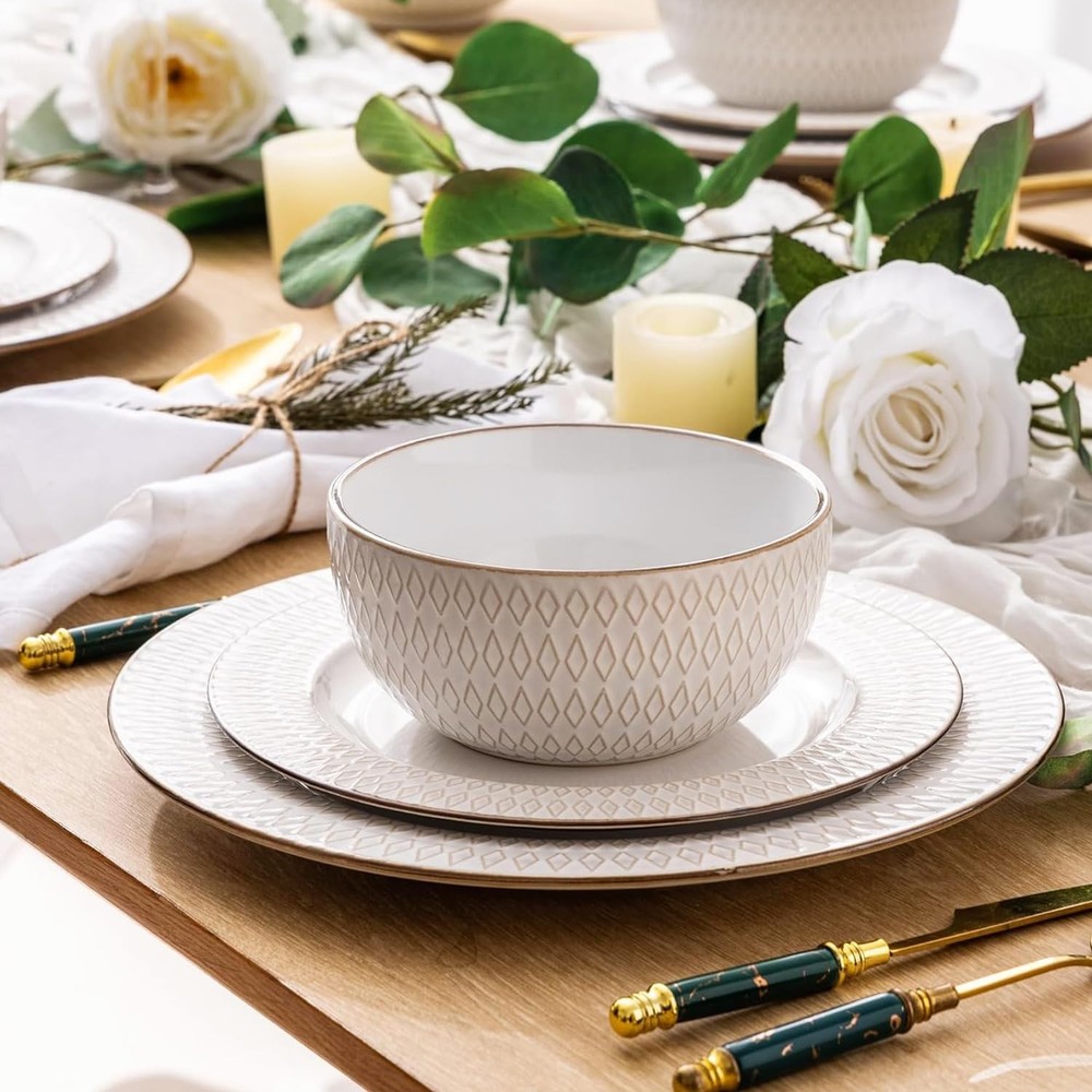 Ceramic Dinnerware Sets,12 pcs Embossed Elegant Stoneware Plates and Bowls Se...