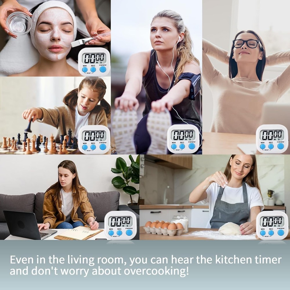 4 Pack White Digital Kitchen Timer Magnetic Digital Timer with Big Display Lo...