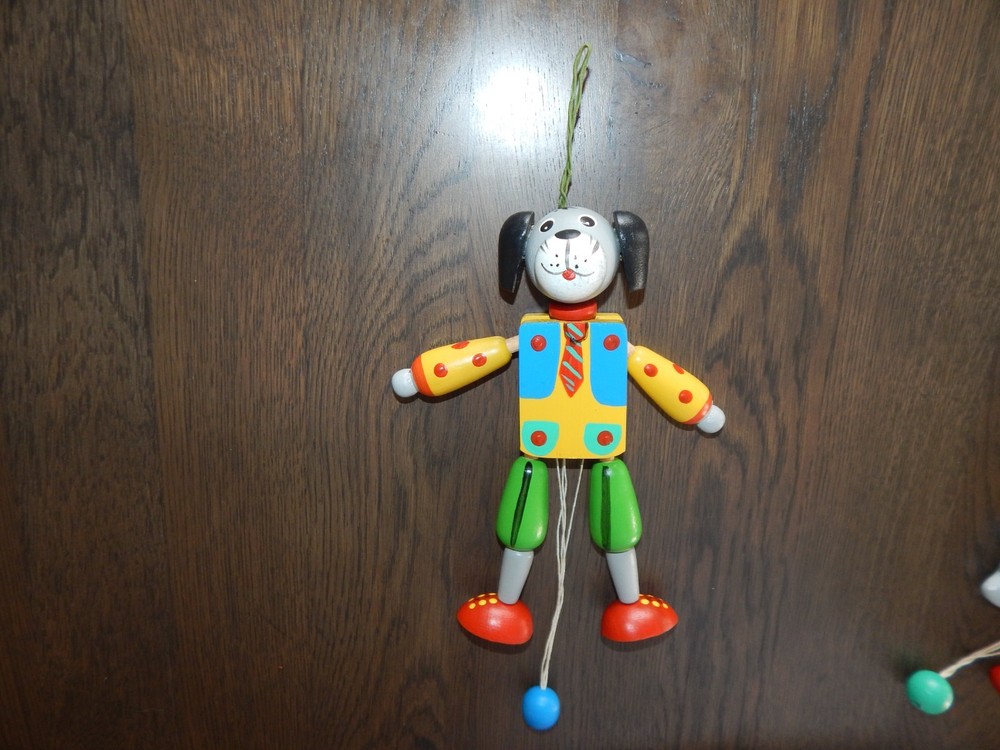 Wooden Jumping Jack Puppet Toy Pull String Dog & Cat Ornaments
