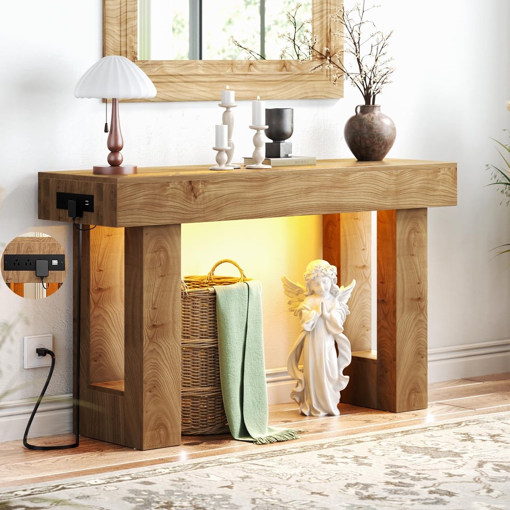 47" Entryway Table with Socket and Sensor Light, Narrow Console Table with St...