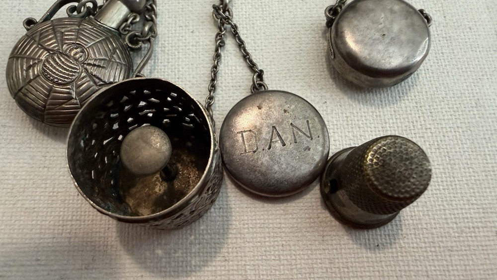 Victorian Sterling Silver Chatelaine with Vinaigrette, Bottles, Thimble
