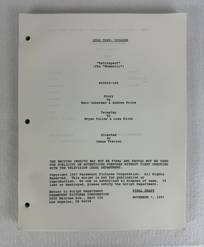 Star Trek Voyager “Retrospect” Final Draft Script (11/07/1997)