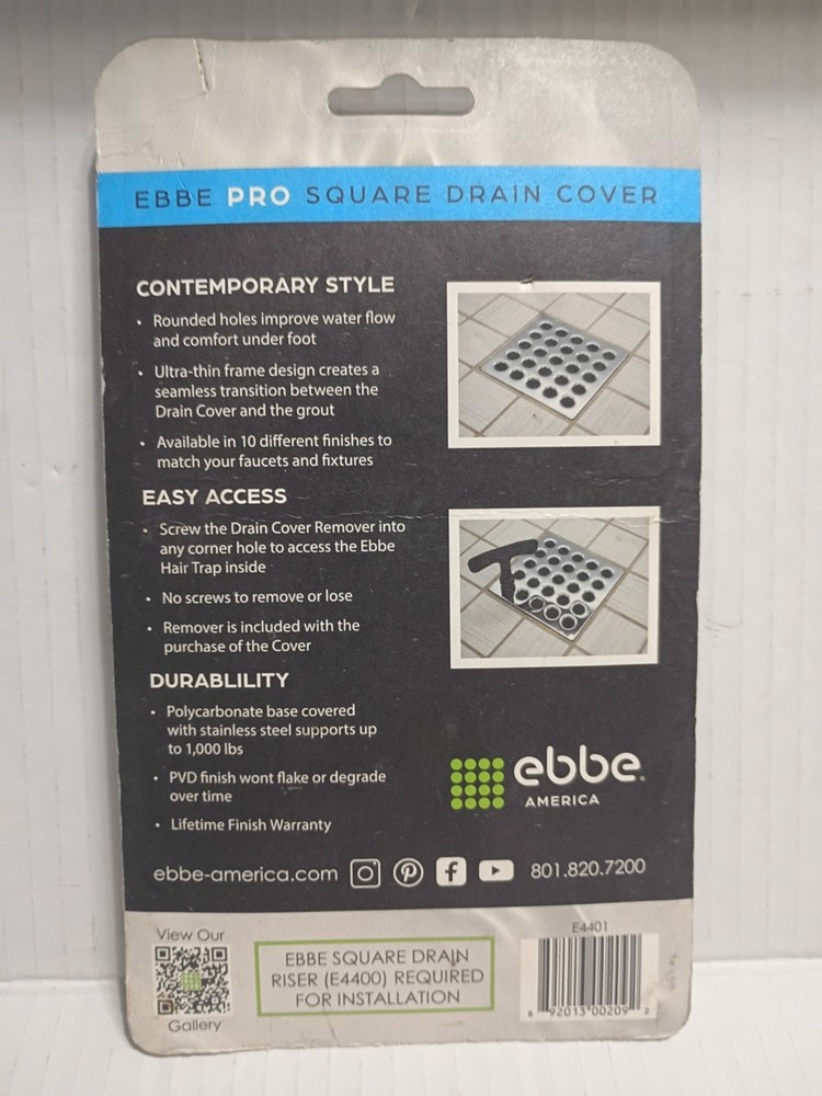 Drain Cover Ebbe Pro Square polished chrome E4401 NEW sealed w/puller
