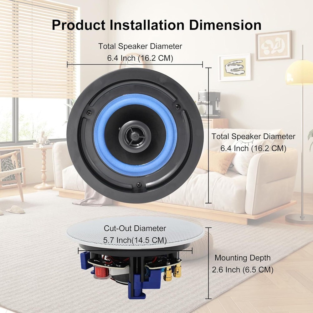 Herdio 4" Flush Mount Wall Bluetooth Ceiling Speakers Kitchen Bedroom Speakers