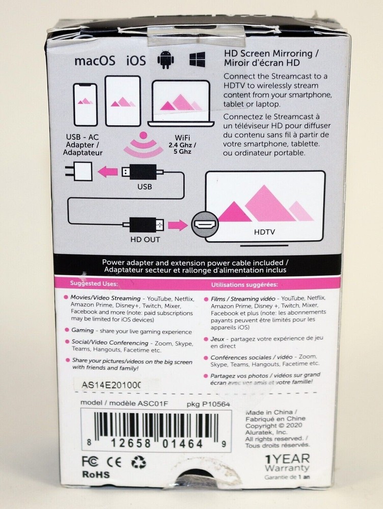 Aluratek Streamcast Wireless HDMI Display/TV adapter for PC/Mobile/Tablet ASC01F