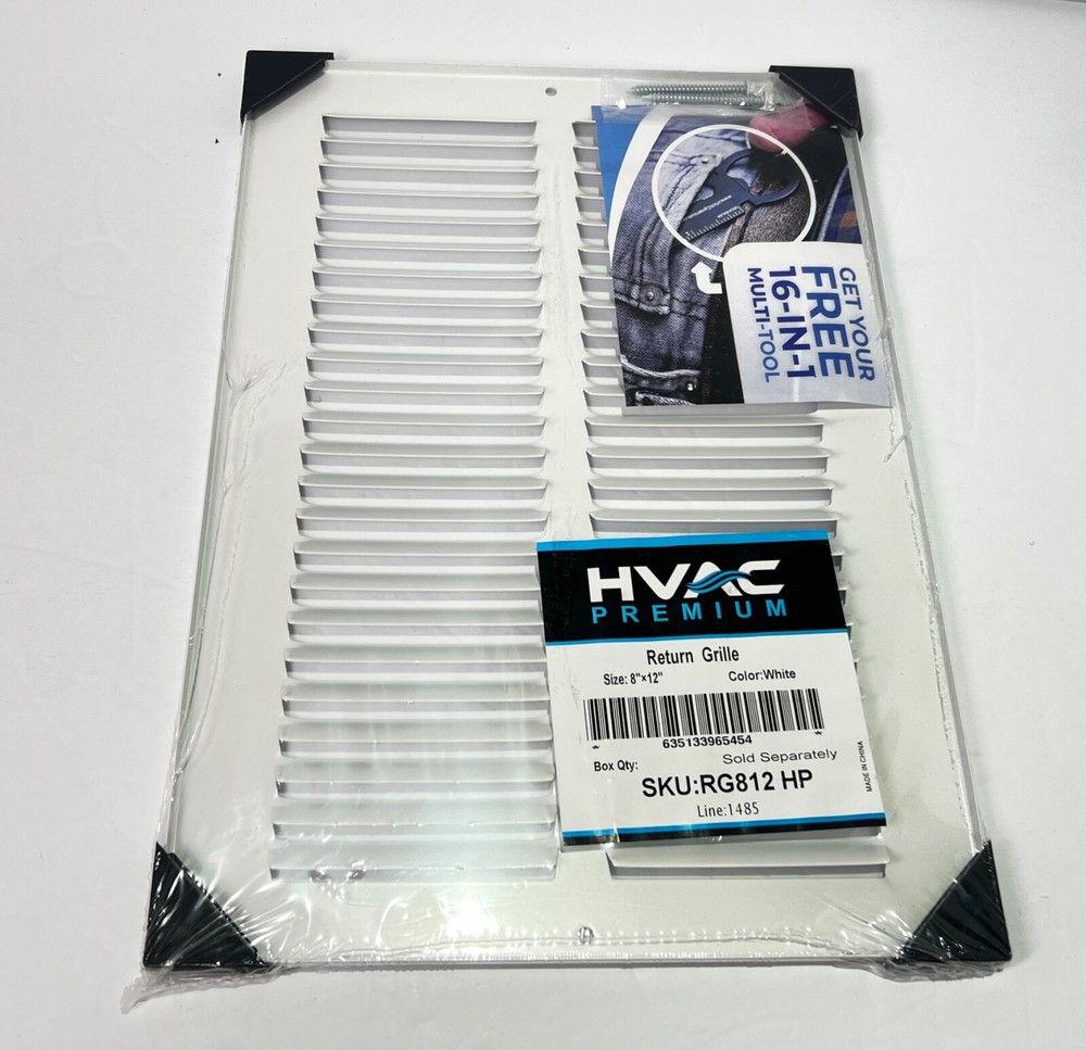HVAC Premium white Rectangular 8”x12” return grille with free 16-in-1 multi-tool