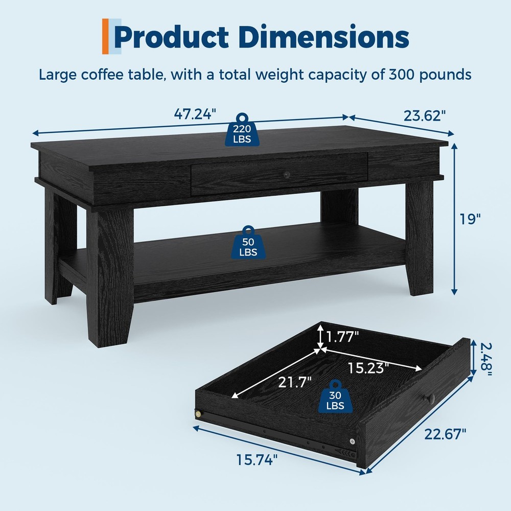 Rustic Coffee Table for Living Room Long Rectangular Center Table with Drawer