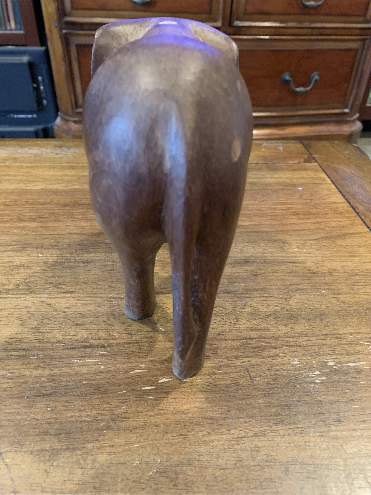 VINTAGE LARGE AFRICAN WOODEN ELEPHANT SCULPTURE Hand Carved ORIGINAL TUSKS