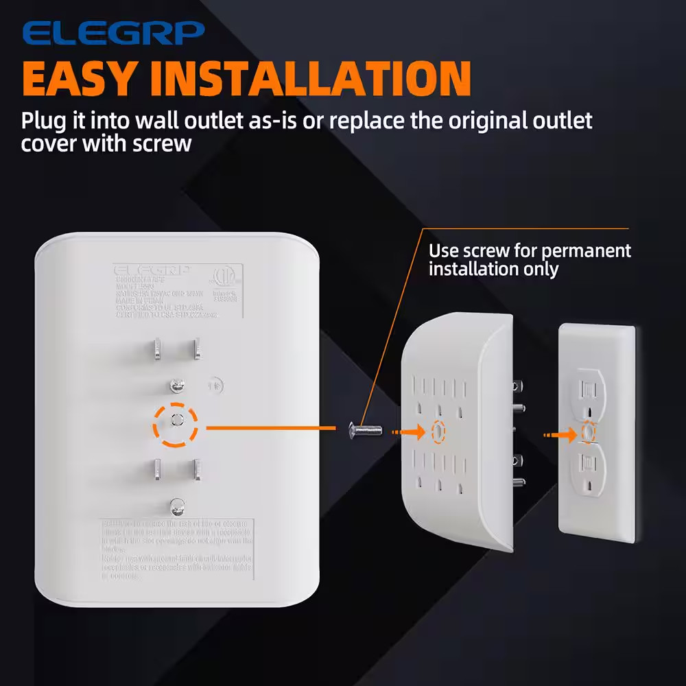 15Amp 125-Volt 6-Outlet Grounded Adapter Plug, White (2 Pack)