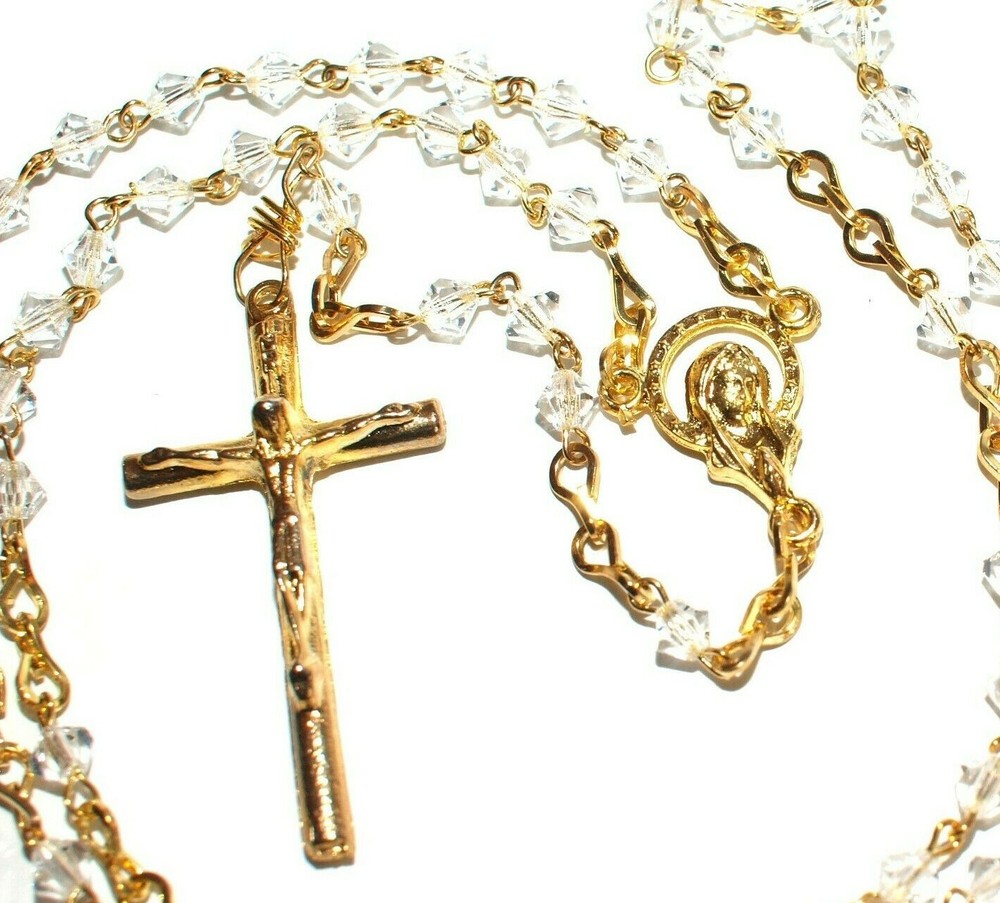 Crystal Rosary Necklace Bicone Beads Clear Gold Jesus Cross