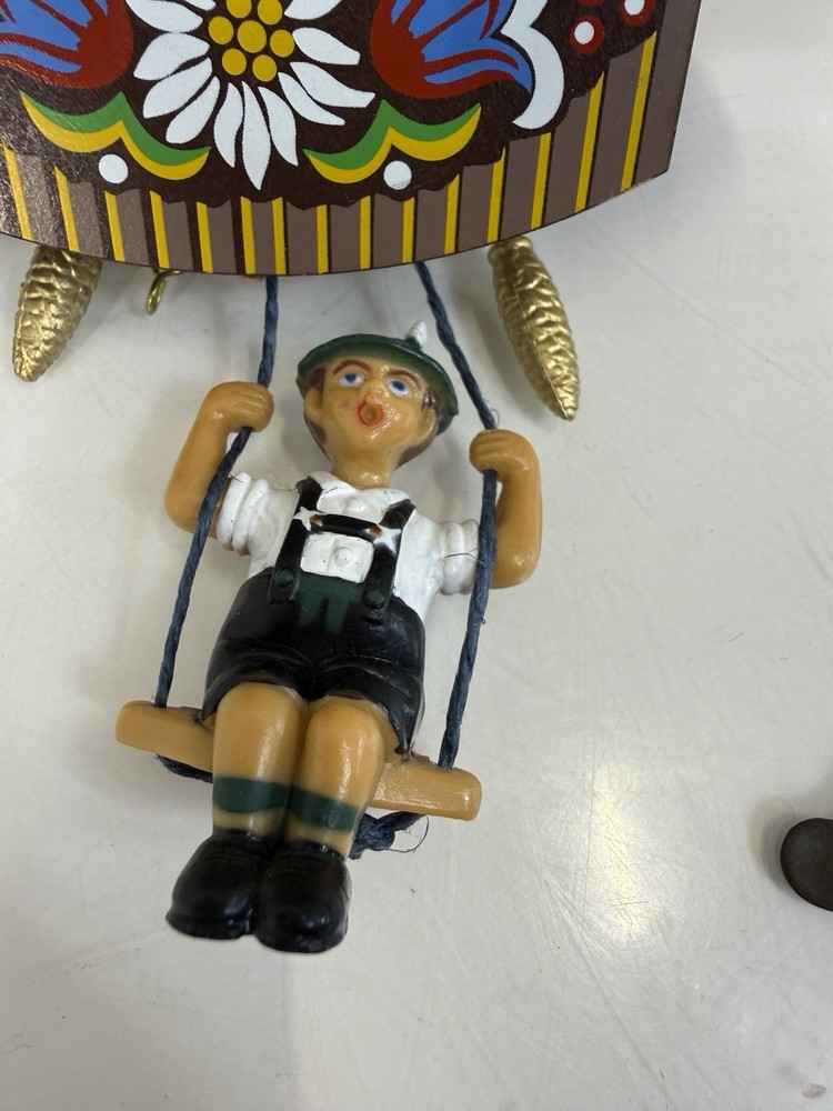 Vintage German Mini Cuckoo Clock w/ Bouncing Boy On Swing