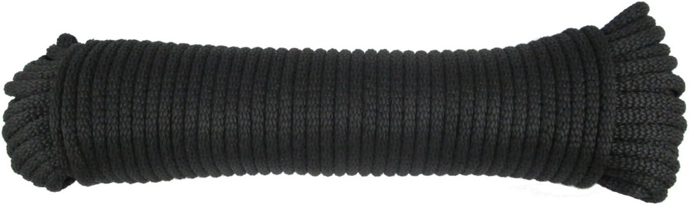 QNR 1/4" Black Polyester Rope, Solid Braid Dacron Utility Rope, 100 Ft Hank, Low