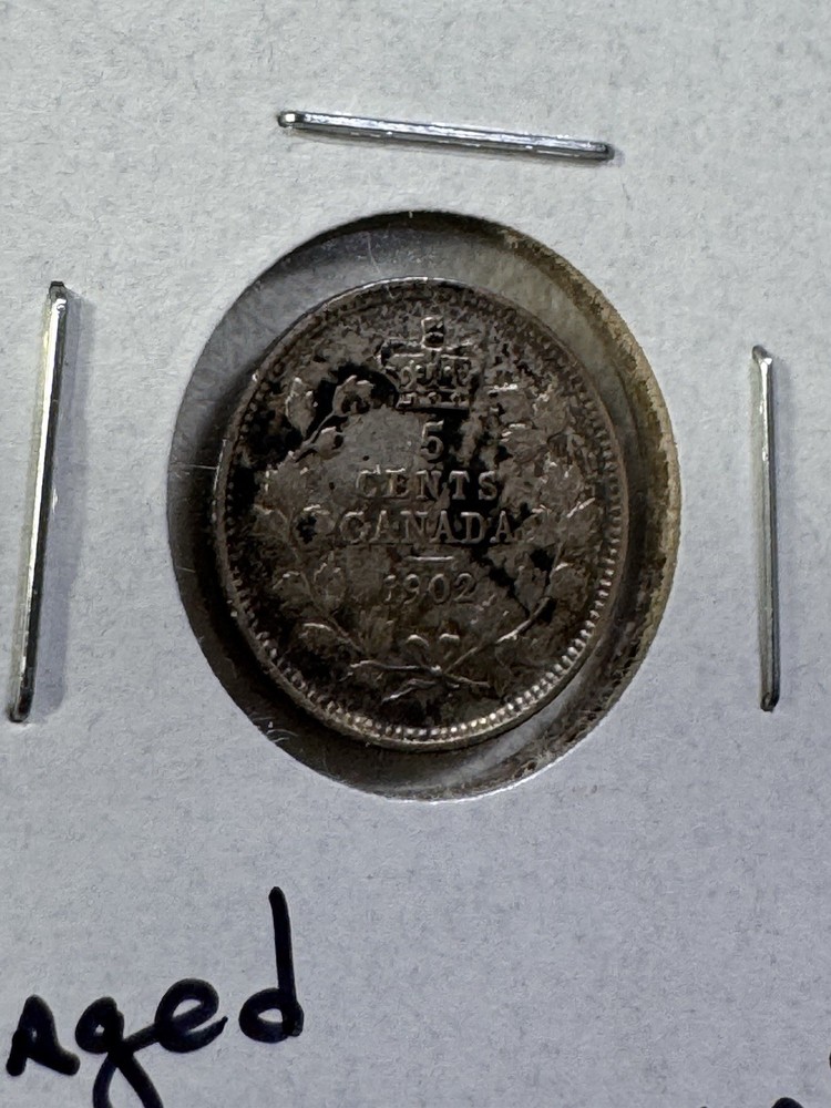 1902 Canada 5 Cents Small Silver Coin Damaged