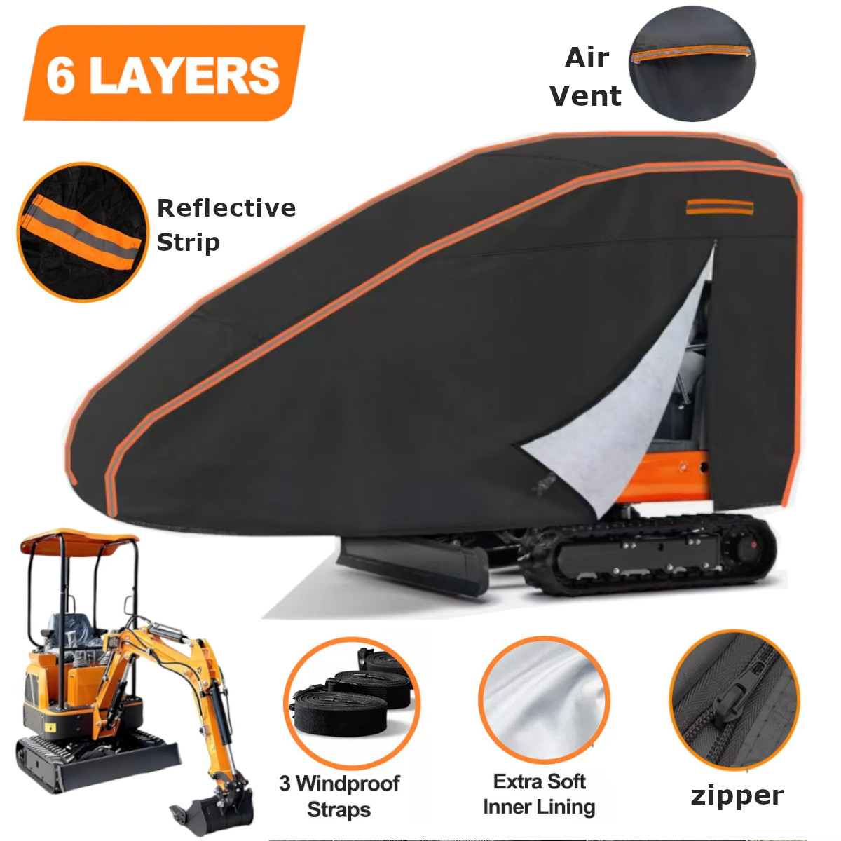 Heavy Duty 6 Layer Mini Excavators Cover 100% Waterproof Snow Dust Rain Outdoor