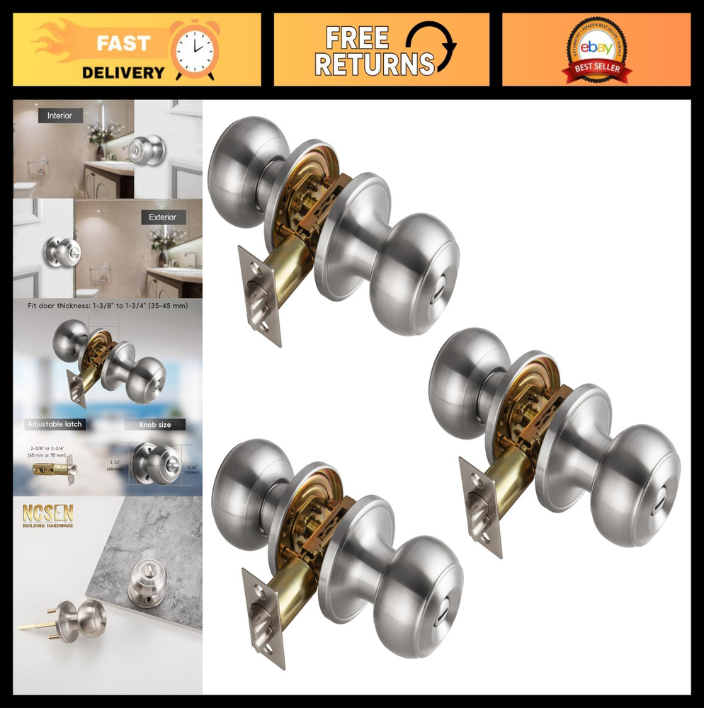 3 Pack Brushed Nickel Privacy Door Knobs for Bath & Bedroom, Keyless Round Locks