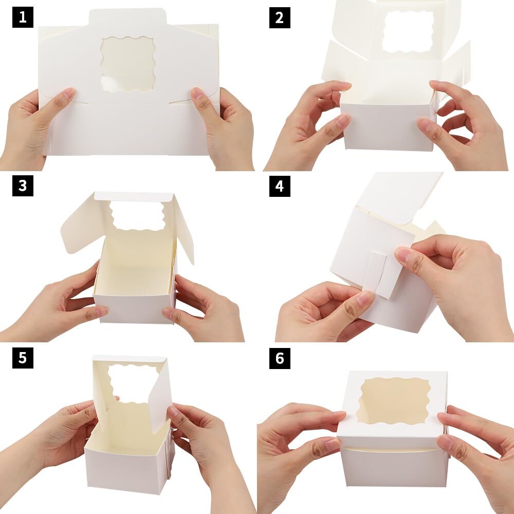 50Pcs 4"x4"x2.5" White Cookie Boxes with Window, Bakery Boxes, Small Treat Boxes