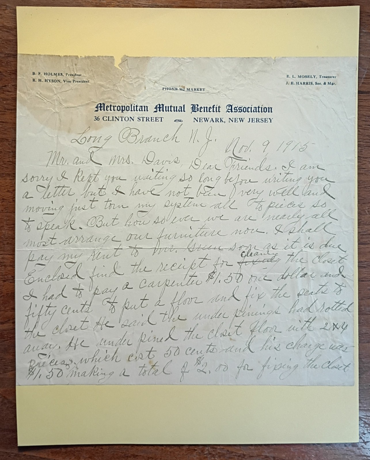 1915 (MMBA) Mutual Aid Society Letter Black Resort Long Branch NJ PRE-GREEN BOOK
