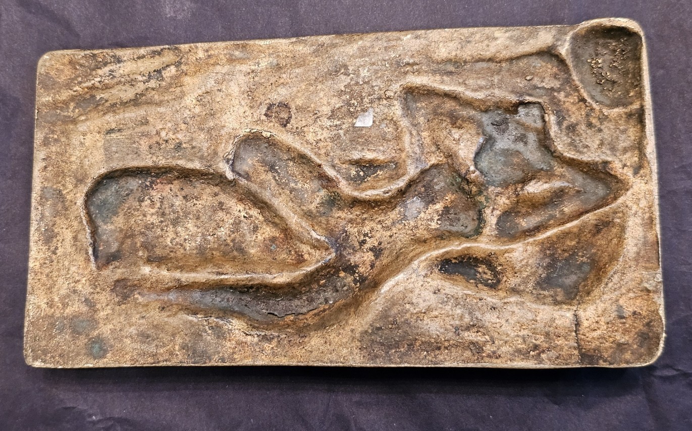 Rare Vintage Erotic Cast Gilt Bronze Plaque - Lady and pig - 16.9 ozs / 479 gms