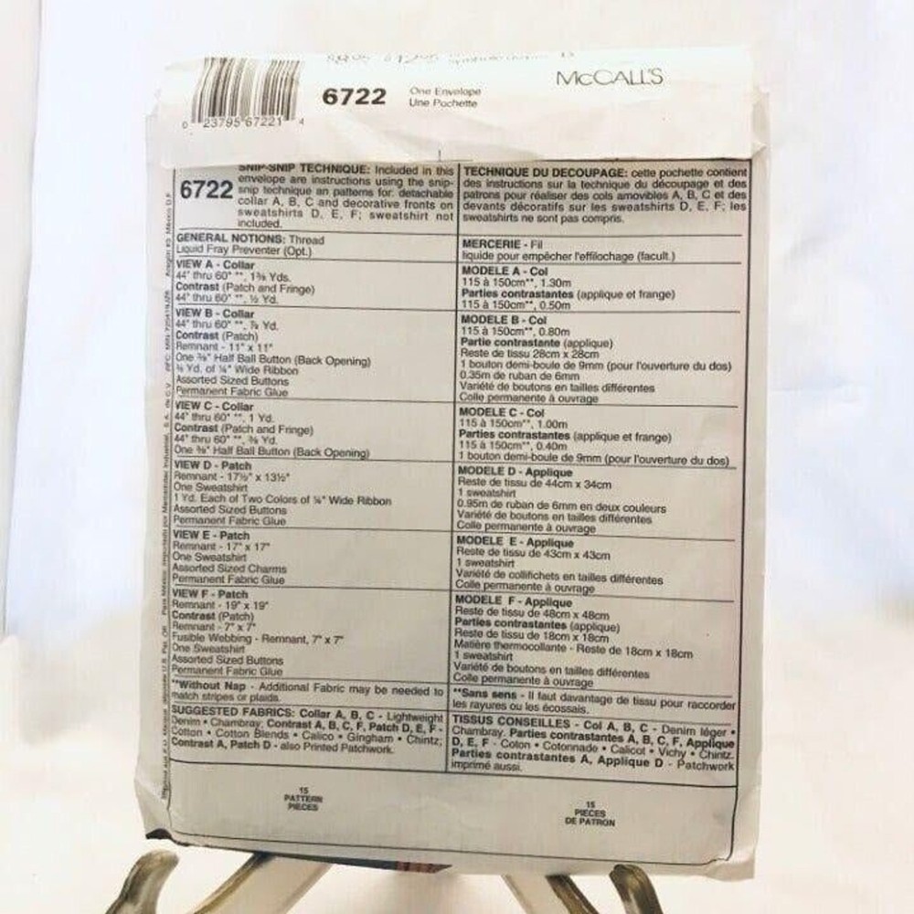 #6722 McCalls 6722 Craft sewing pattern, collar, patch, snip snip technique