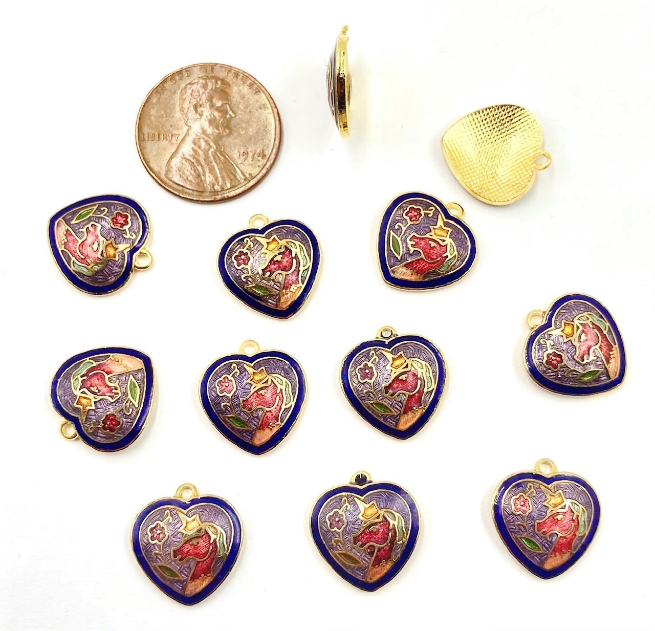 12 Vintage Cloisonné Unicorn & Flower Pink Blue Gold Heart Pendant Charms 5312PT