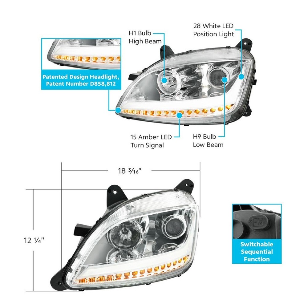 LED Position Headlight w/ Sequential Signal for Peterbilt 579/587-Chrome-Driver