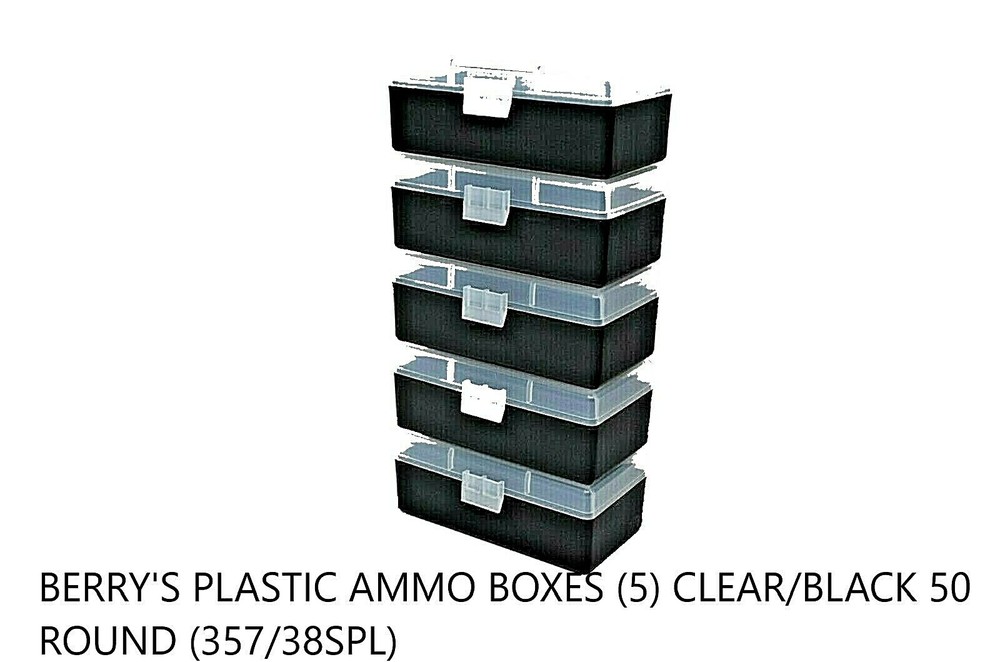 BERRY'S PLASTIC AMMO BOXES (5) CLEAR/BLACK 50 ROUND (357/38SPL)