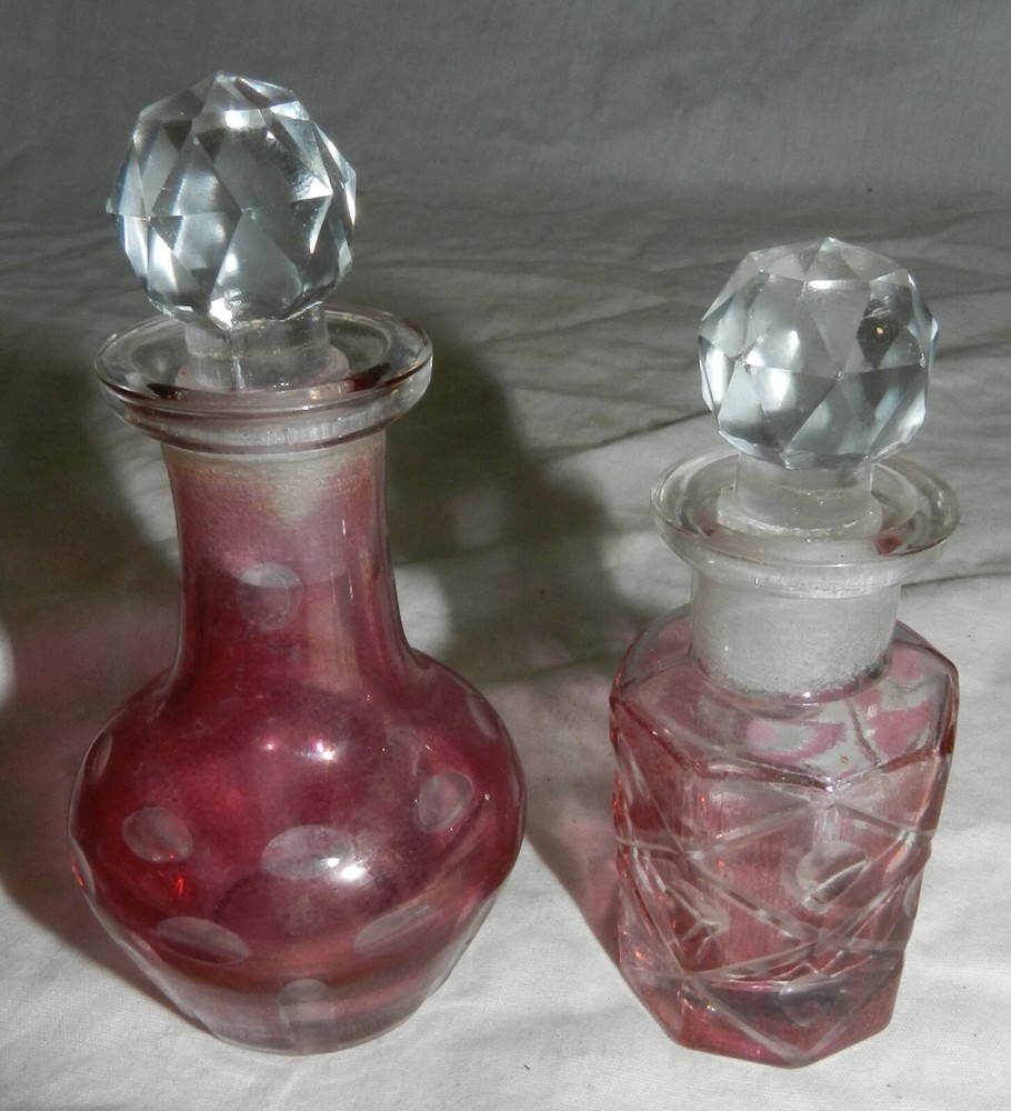 2 Cranberry Flashed Perfume Bottles with Ground Stoppers