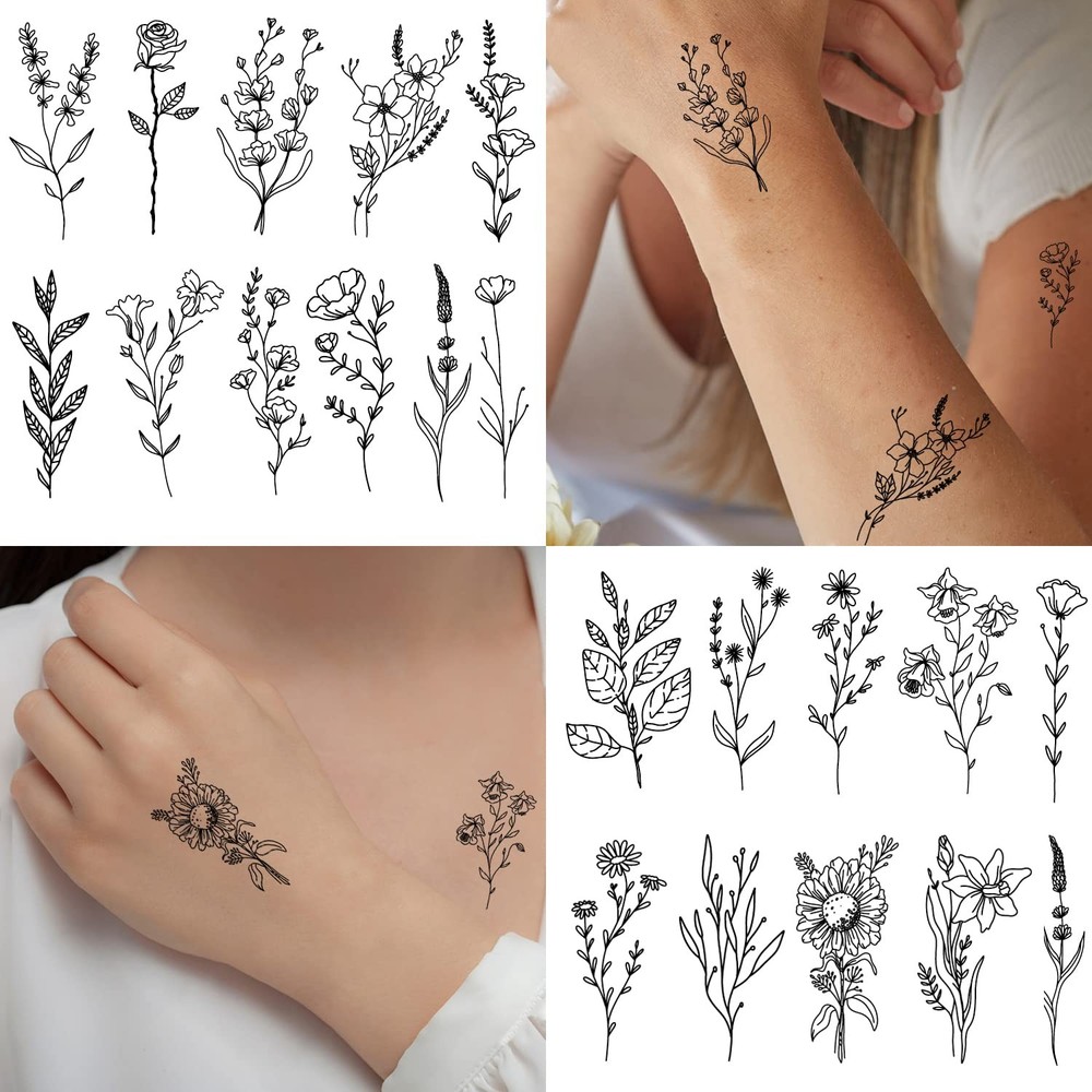 Cerlaza 75 Styles Tiny Black Flower Branch Temporary Tattoos For Tiny,