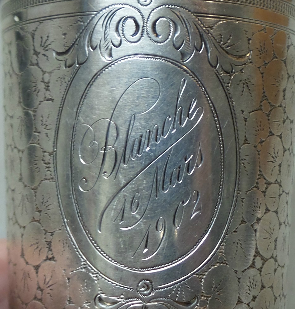 UNUSUAL ANTIQUE GERMAN .800 SILVER ENGRAVED BEAKER, dated 1902