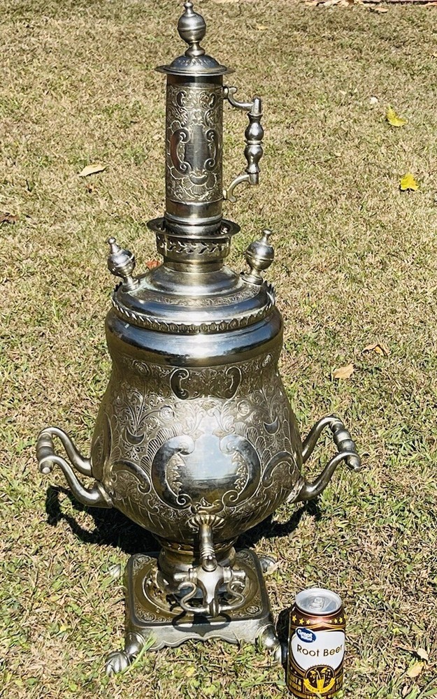 Large Exceptional Moroccan Samovar With Hand Chaised Surface Signed L Z.