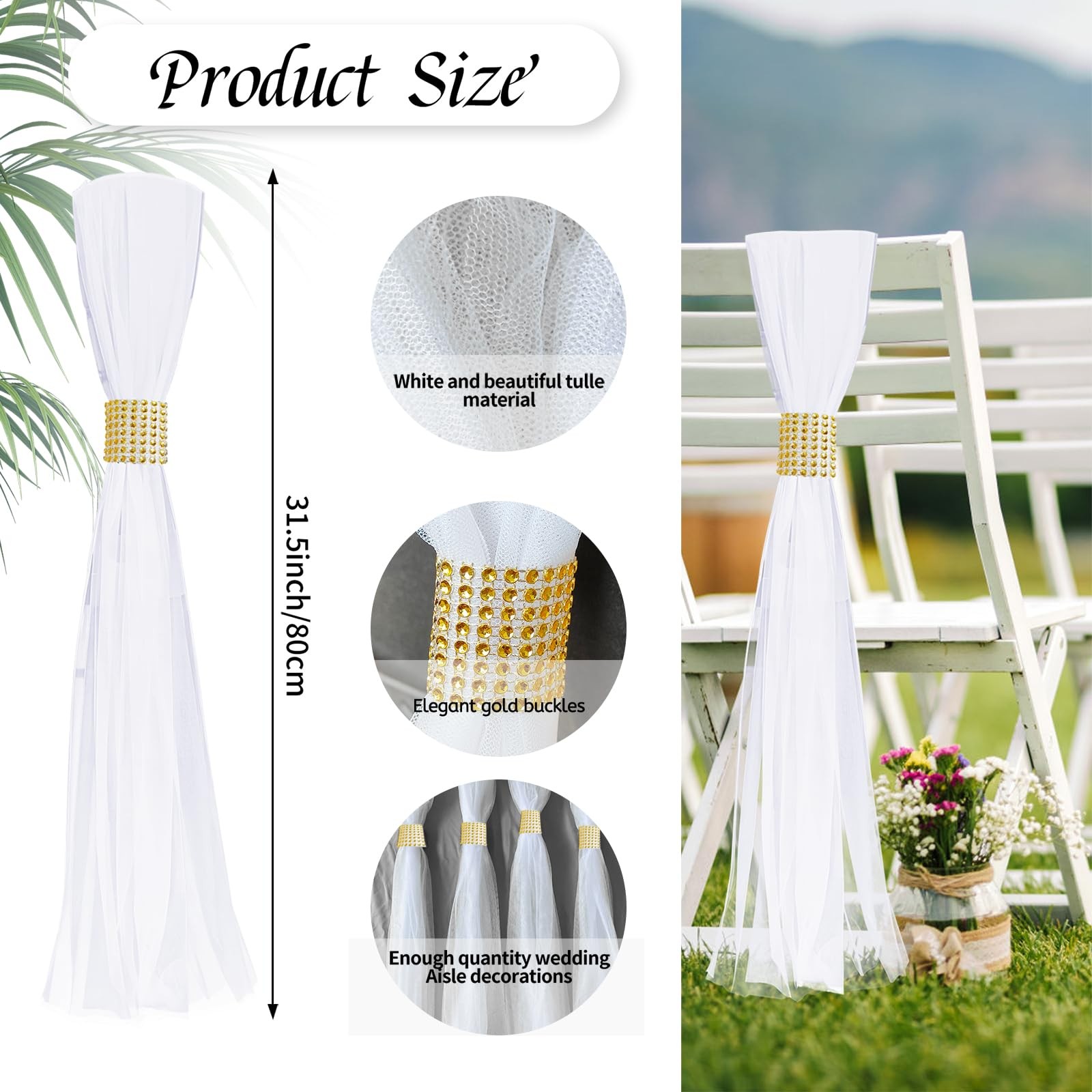 Large White Pew Bows Tulle Wedding Aisle Chair Decorations, Extended Church P...