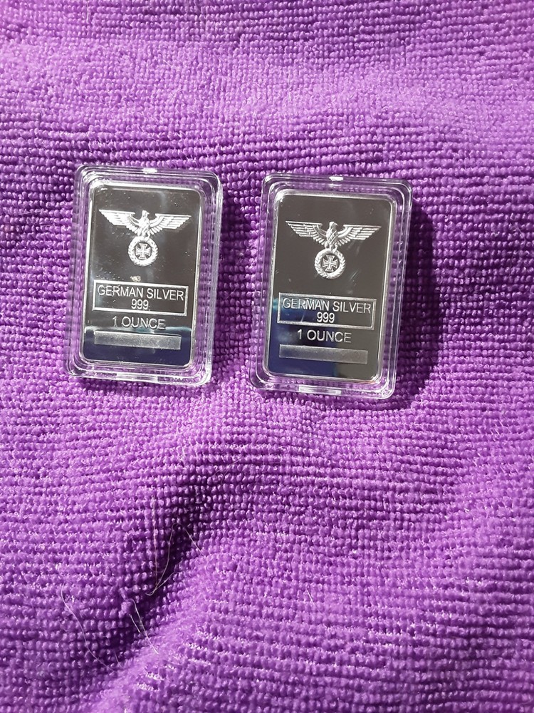 (2) 1 Oz German Silver Bars Iron Eagle With Case And Low Reserve 2 Bars Total