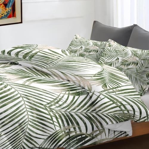 Tropical Palm Tree Comforter Set with 2 Pillowcases, Full Size Botanical Bedding