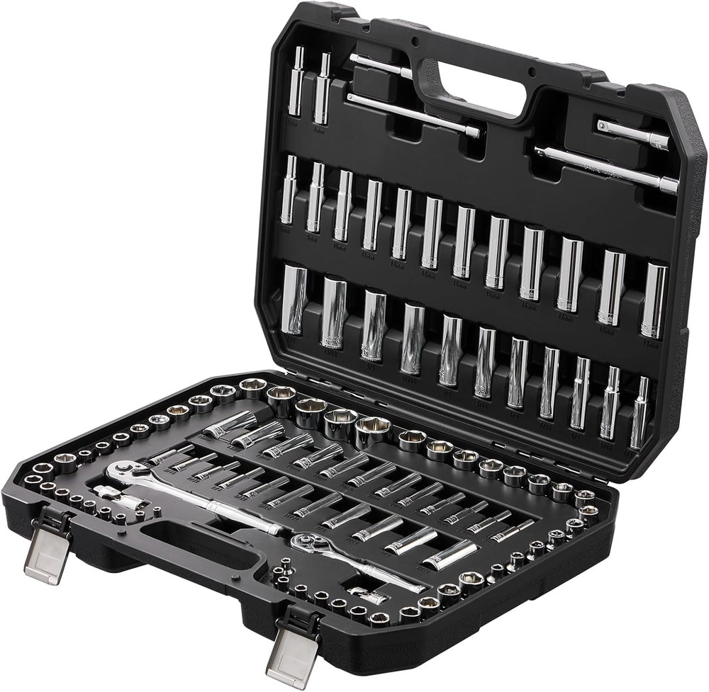 Socket Set, 1/4" and 3/8" Drive Socket and Ratchet Set, 6-Point Socket Opening,