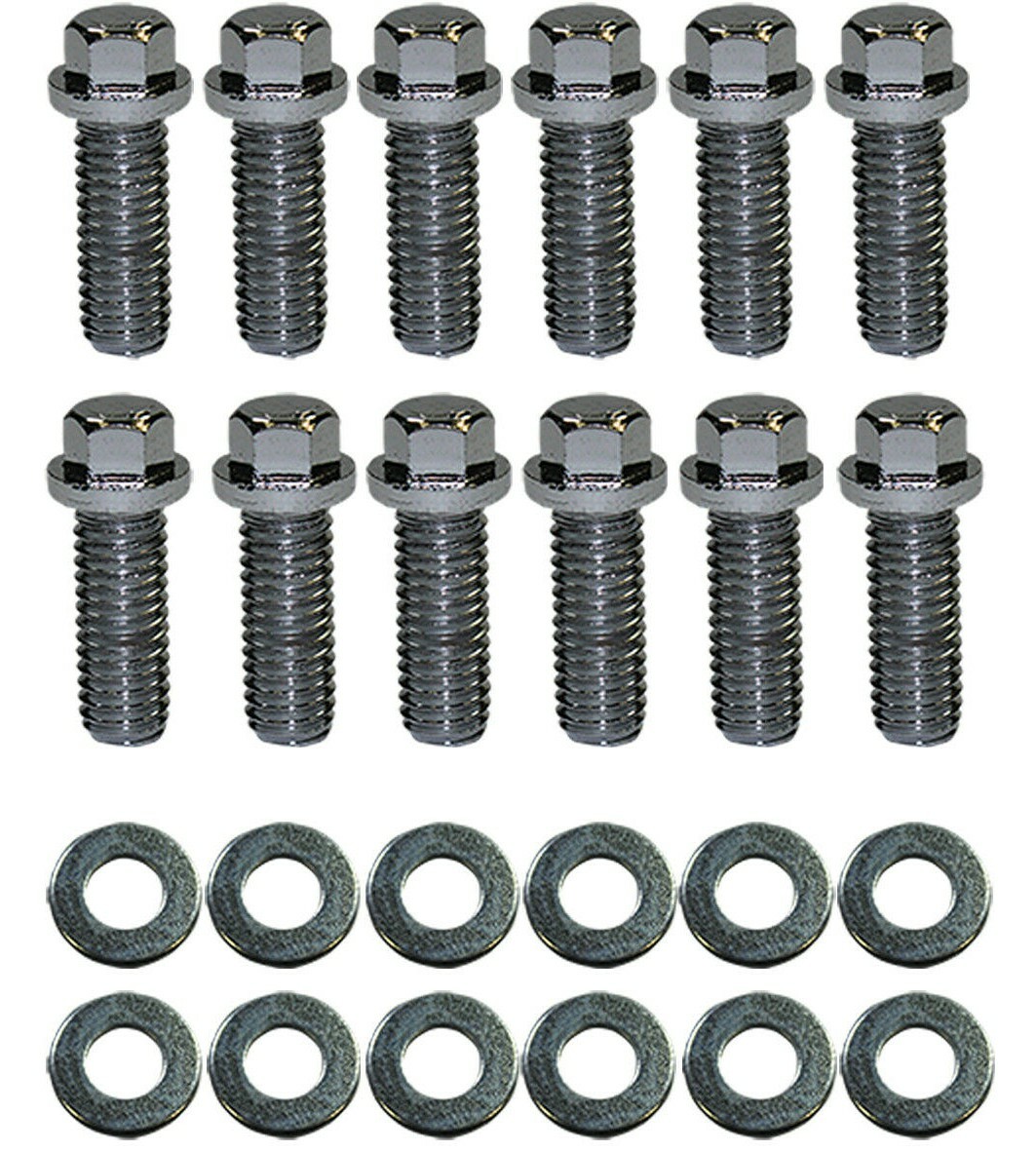 SB Chevy Chrome 6pt Intake Manifold Bolt 12pc Kit 3/8"-16 x 1" SBC 327 350 #9829