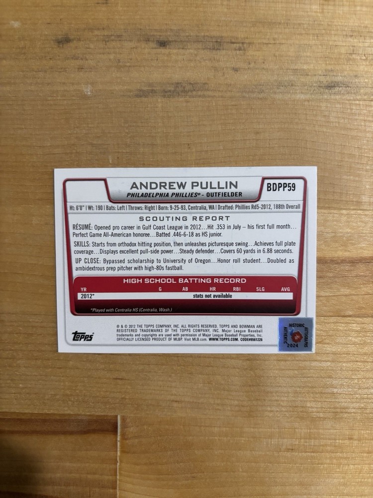 2012 BOWMAN ANDREW PULLIN AUTOGRAPHED BASEBALL CARD