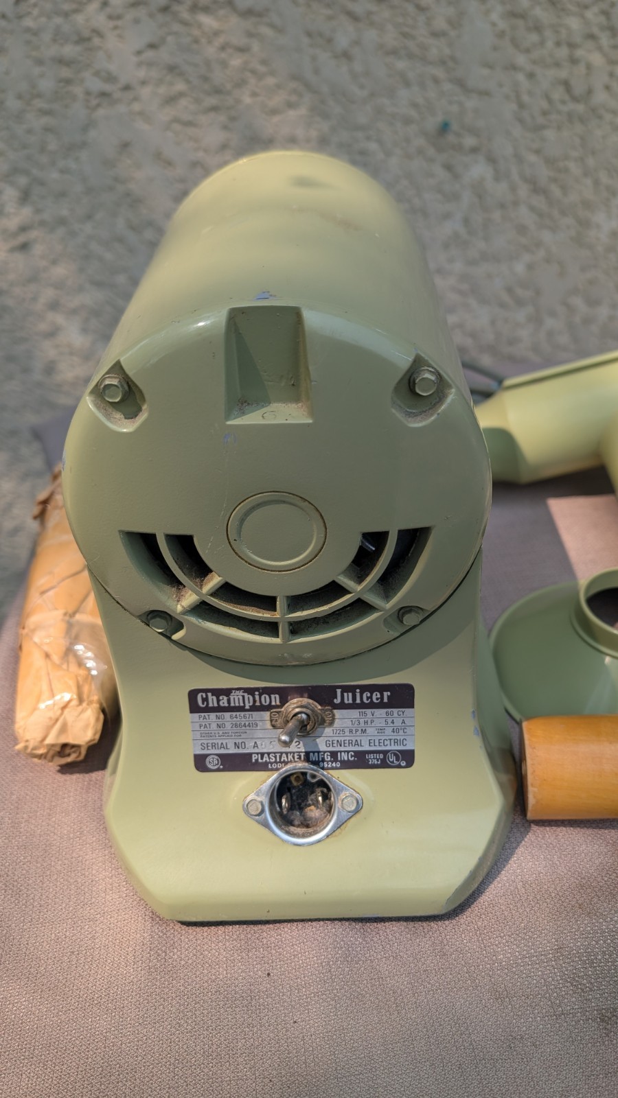 Champion Juicer Avocado heavy duty. "Cord shows wear but works fine"