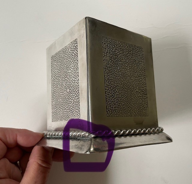 Open silver plate box; no mark, hammered sides, 3" square; desk accessory?