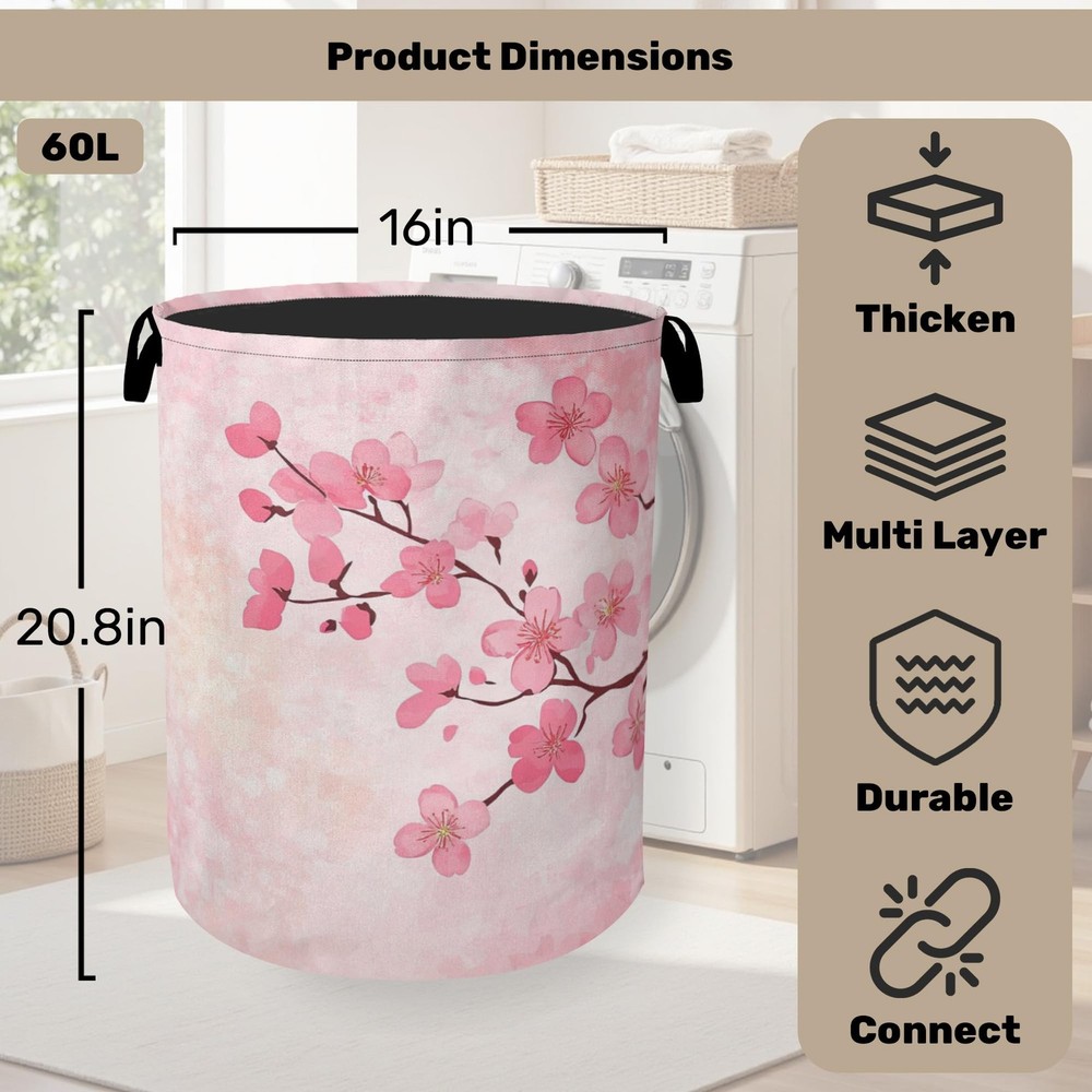Pink Cherry Blossoms Laundry Basket - Extra Large Foldable Laundry Hamper for...