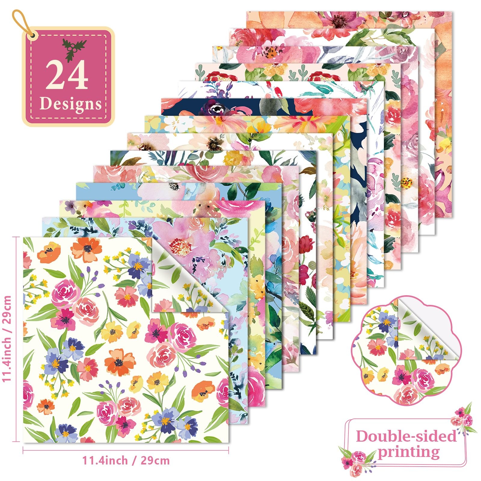 48PCS Floral Pattern Paper Double Sided Watercolor Flower Scrapbook Specialty...