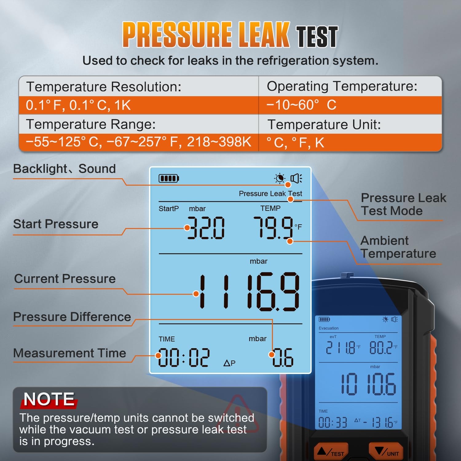 Digital Vacuum Gauge HVAC Vacuum Meter Pressure Leak Tester 0-2000 mbar Range