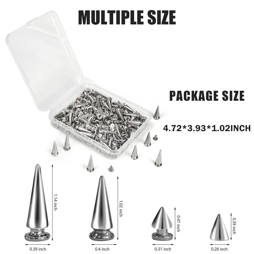 200 Sets Silver Cone Spikes Multiple Sizes Screw Back Studs Punk Rock Bullet ...
