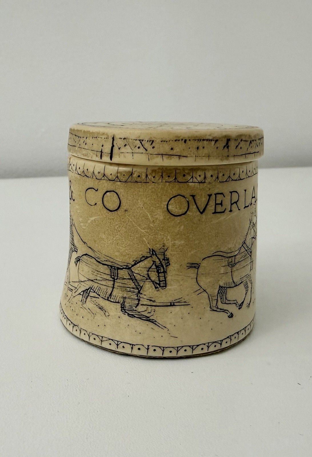 Wells Fargo Scrimshaw Stamp Dispenser with Lid Vintage Stamp Holder