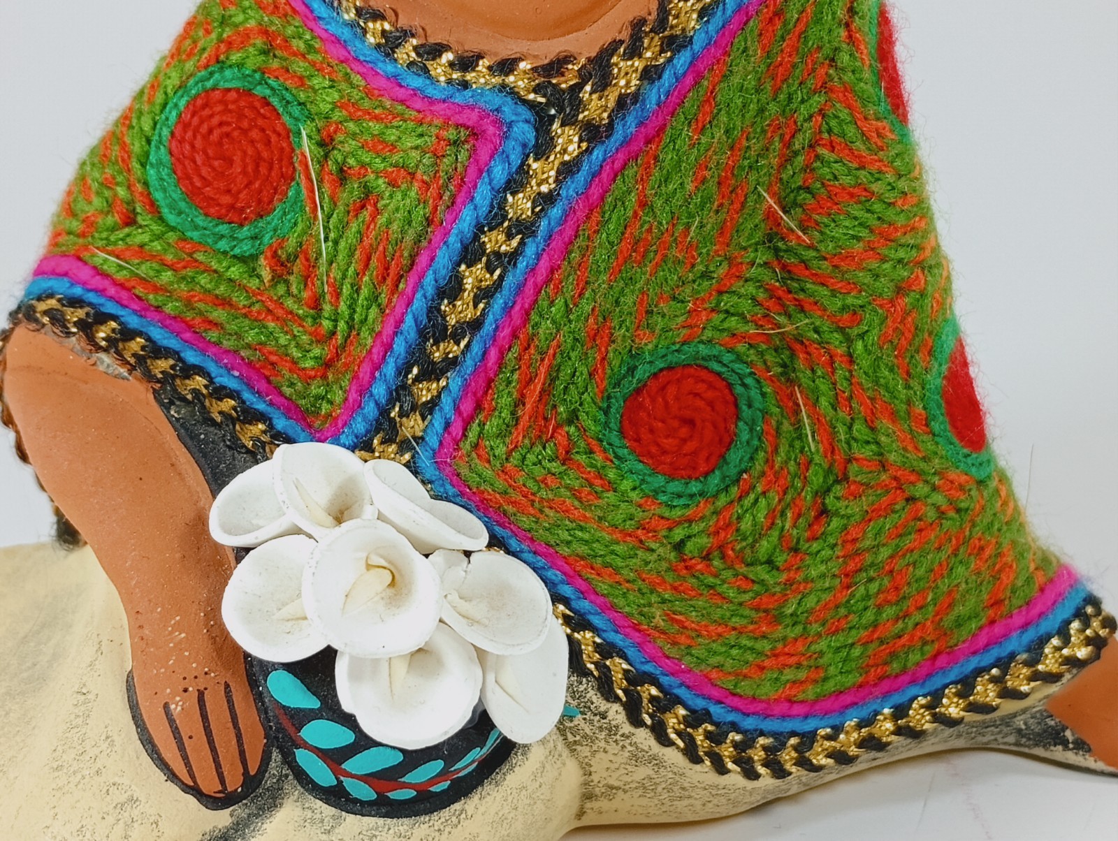 Clay Folk Art Honduran Lady Sitting with Flowers.