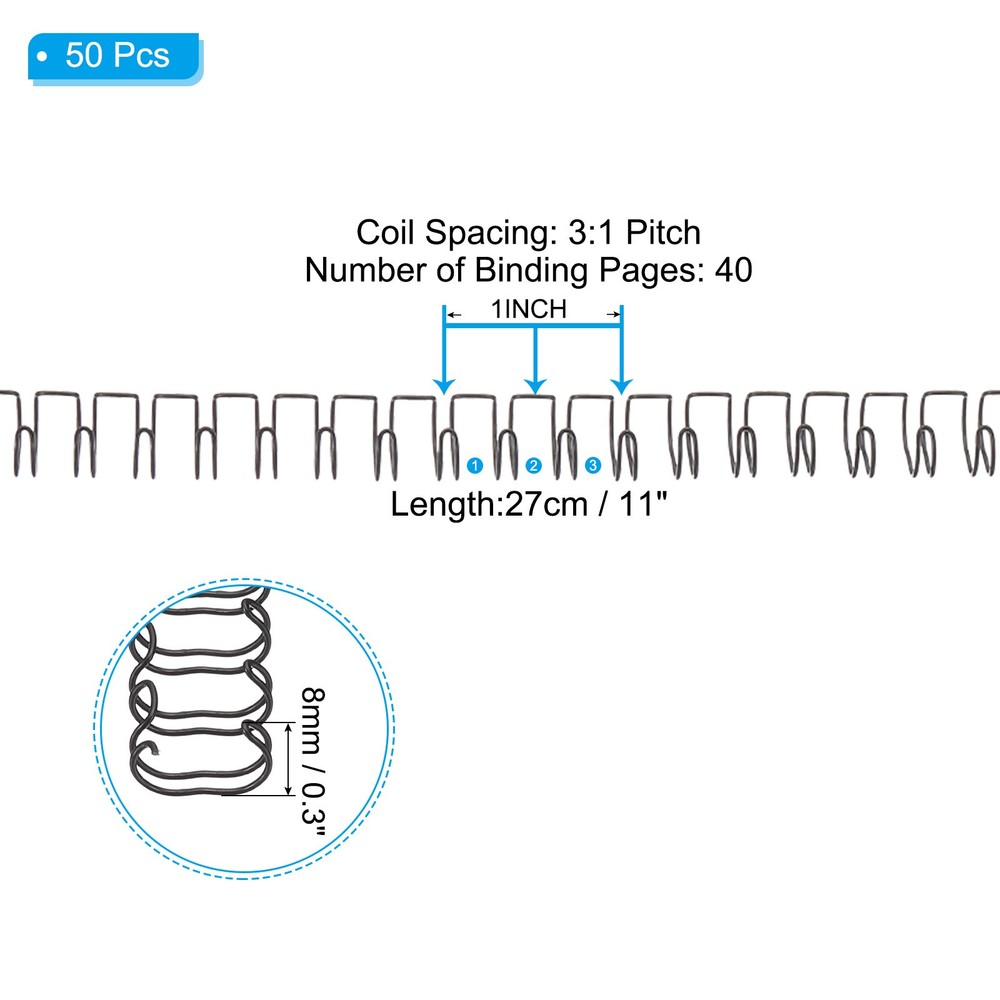 8mm (5/16″) Double Loop Wire Binding Combs, 50 Pcs, 3:1 Pitch, Black