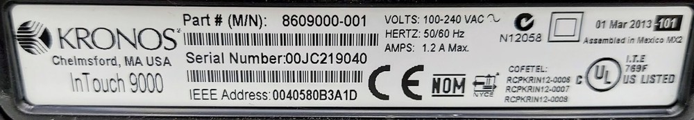 KRONOS 8609000-001 INTOUCH 9000 TIME CLOCK