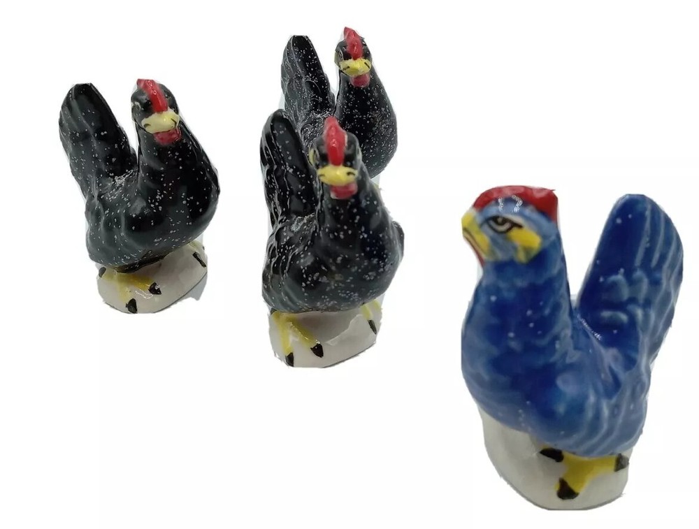 CHICKENS 3 BLACK 1 BLUE  MINITURES CERAMIC 4 PC. SET
